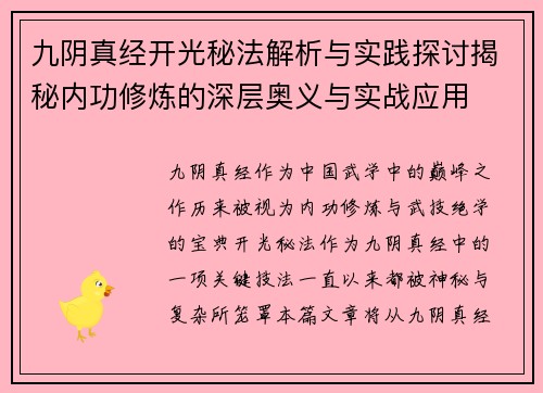 九阴真经开光秘法解析与实践探讨揭秘内功修炼的深层奥义与实战应用